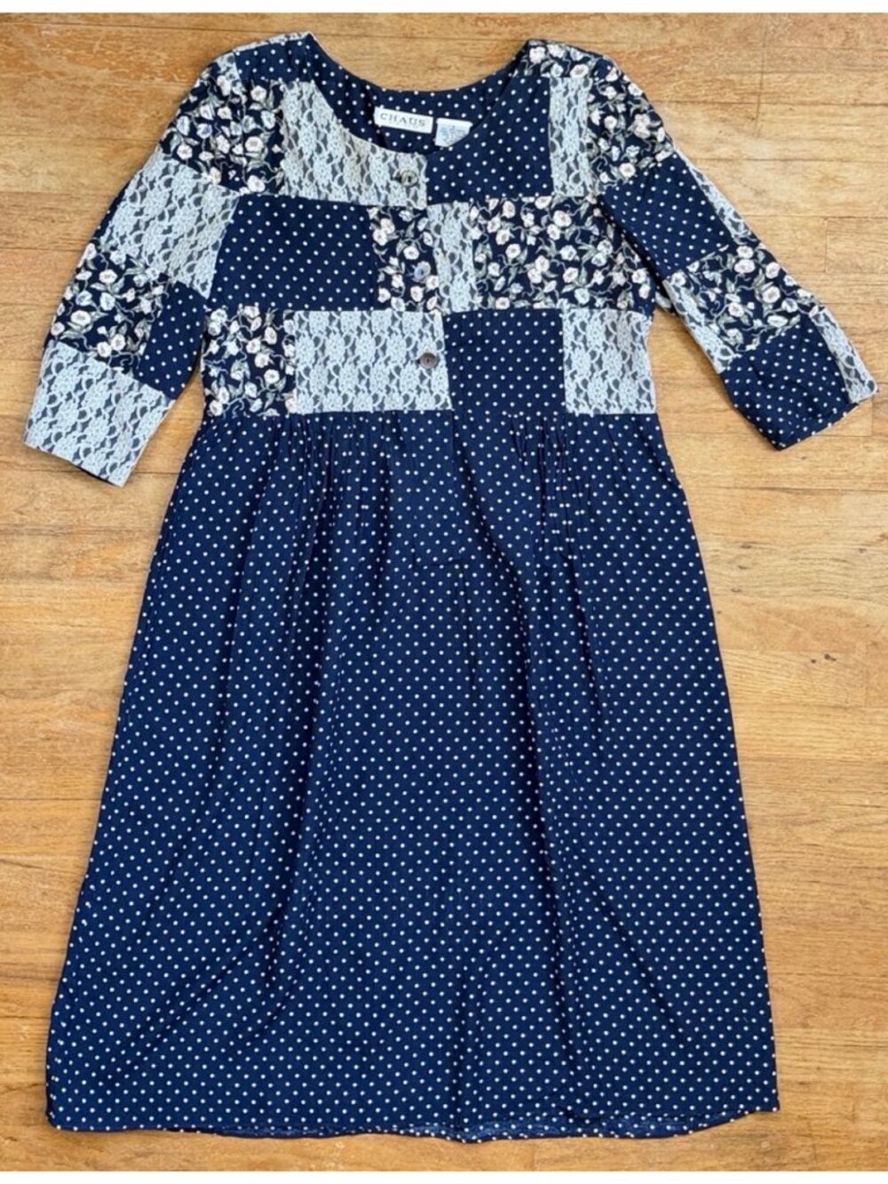 Vintage Floral Lace Polka Dot Patchwork Dress Size Medium 8 Cottagecore Midi 90s